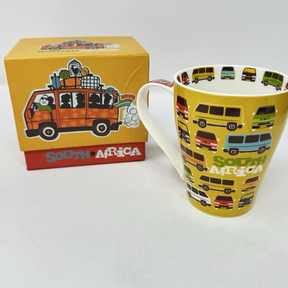 South Africa Souvenir Mug Boxed Yellow Kombi Minibus Taxi Ceramic Coffee Cup Map